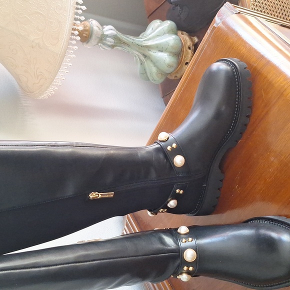 KARL LAGERFELD MILLA LEATHER RHINESTONE EMBELLISHED KNEE HIGH BOOTS SZ 7.5 NEW - Picture 3 of 6